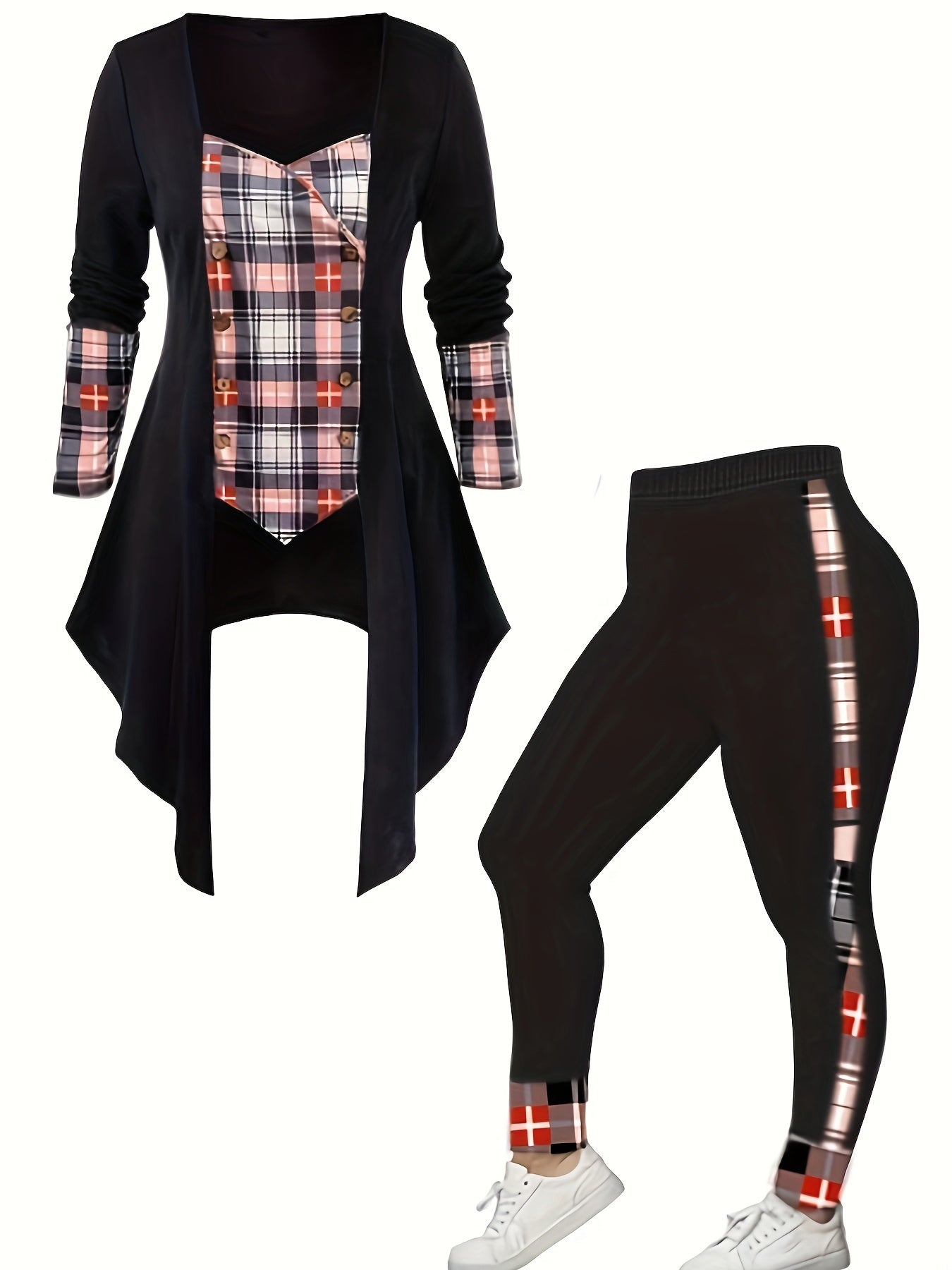 Plus Size Plaid Print Splicing Two-piece Set, Paneled Long Sleeve Top & Skinny Pants Outfits, Women